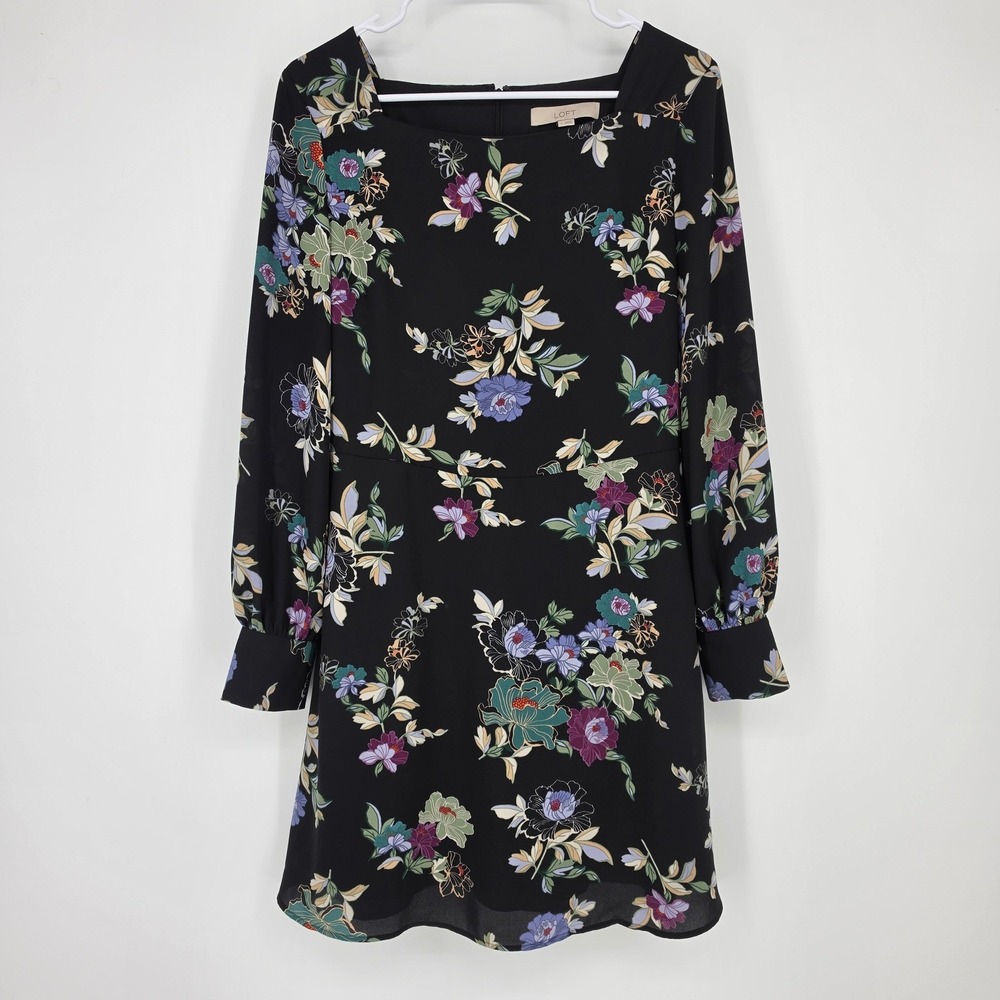 LOFT Floral Mini Dress 4 Black Boho Romantic Square Neck Long Sleeve
